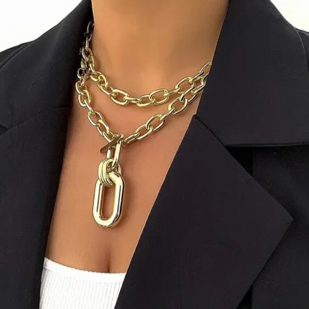 Oversized Gold Tone Chunky Toggle Statement Neckl… - image 2